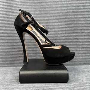 Miu Miu Black Suede Platform Sandals Peep Toe Multi Strap Heels Size 41 Italy